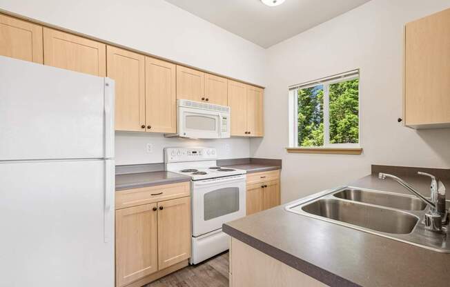 A kitchen with white appliances and a stainless steel sink at The Madison Apartments in Olympia, WA