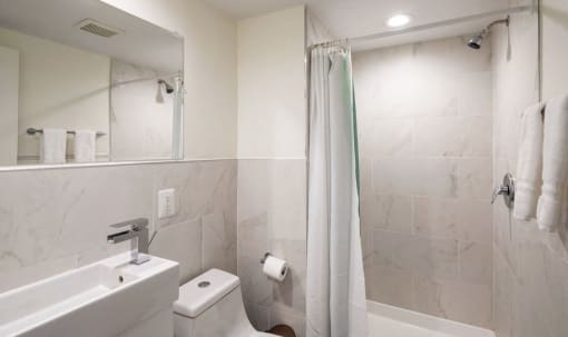 a bathroom with a shower and a toilet and a sink