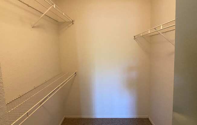 Spacious carpeted closet with mounted metal shelves