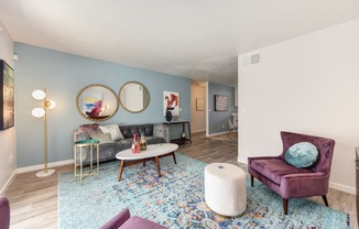 Living Room with Blue Pattern Rug, White Table, Gray Sofa, Purple Chair and Round Wall Mirrors