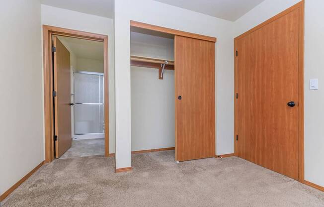 A room with a carpeted floor and two wooden doors.