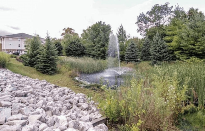 a fountain in the middle of a pond in a garden