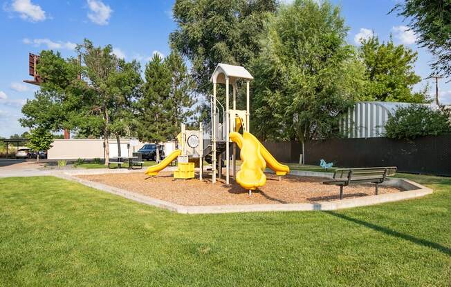a playground with yellow slides and swings in a park