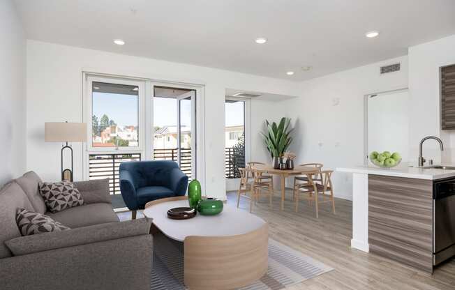 a living room with a couch and a table