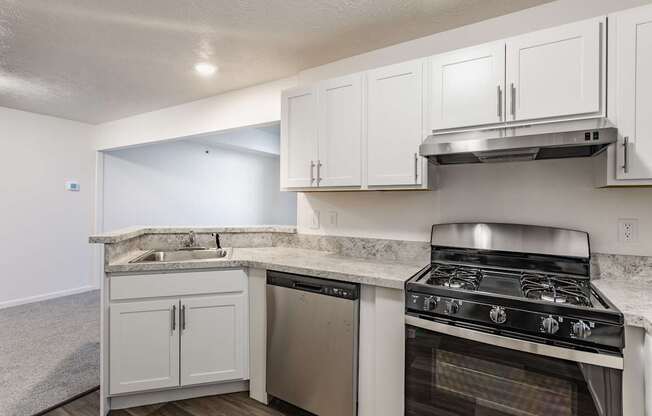 A kitchen with white cabinets and a stainless steel dishwasher and oven.