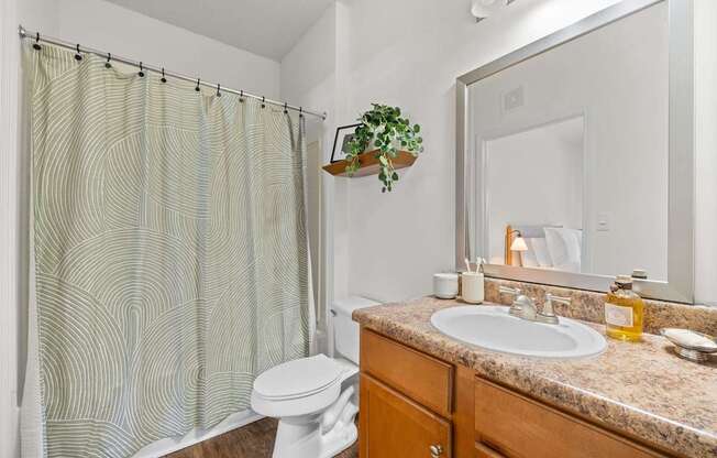 A bathroom with a white toilet, a sink, and a shower curtain.