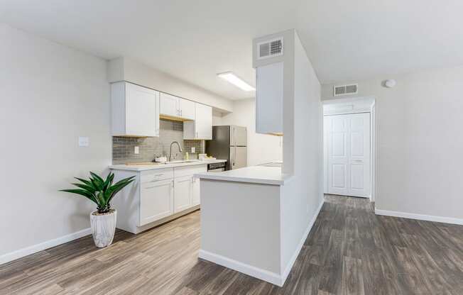 an open kitchen with white cabinets and a plant in a vase