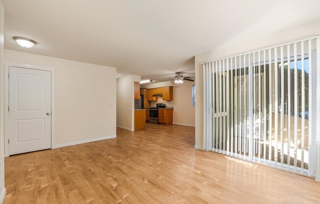 Cascade Woods living area with sliding glass door