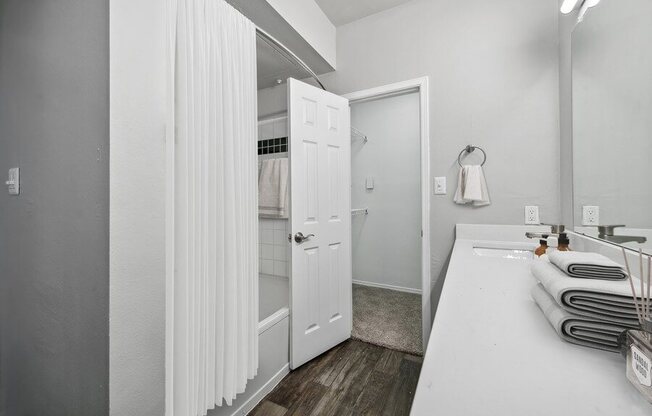 Model bathroom and hallway