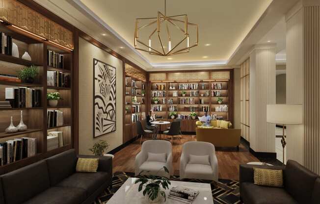 a living room filled with furniture and a library