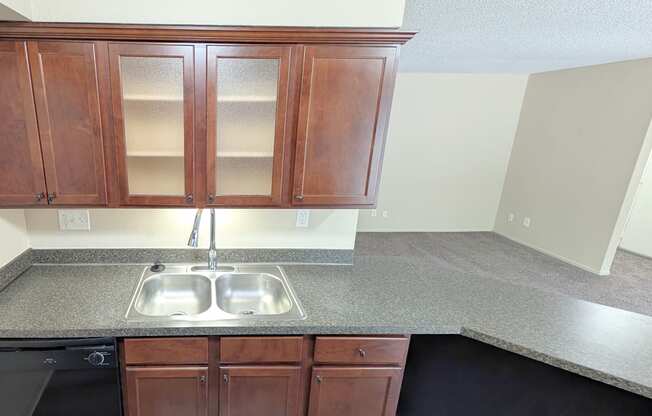 A kitchen with a sink and cabinets.