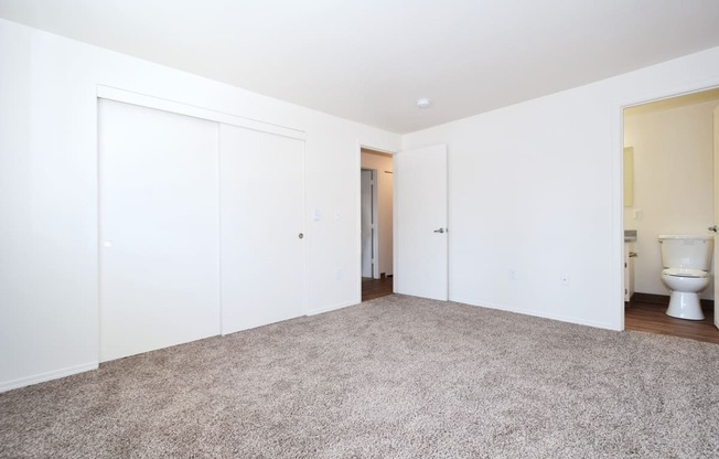 a bedroom with two closets and a toilet