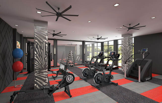 a rendering of a gym with exercise machines and floor to ceiling windows