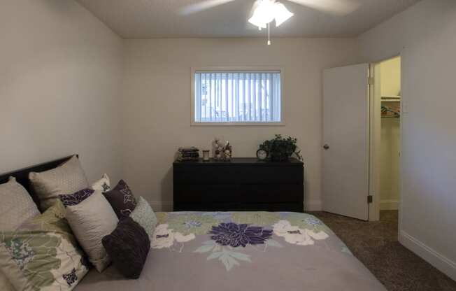 This is a photo of the bedroom in the 653 square foot 1 bedroom apartment at Princeton Court Apartments in Dallas, TX.