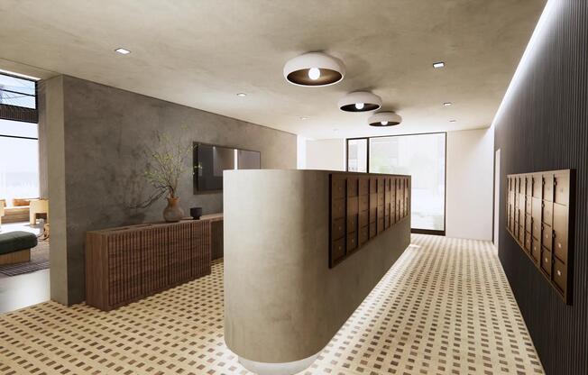 Mail room with 24/7 self-serve package lockers and cold storage.