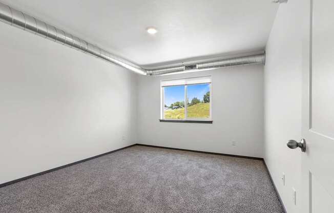 A room with a window showing a blue sky and greenery outside.