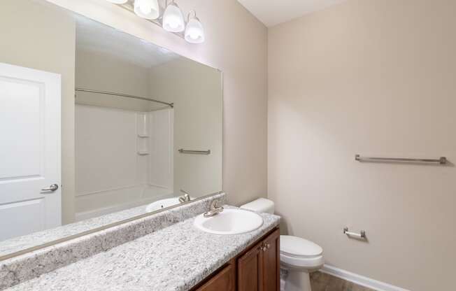 a bathroom with a large mirror and a toilet and sink