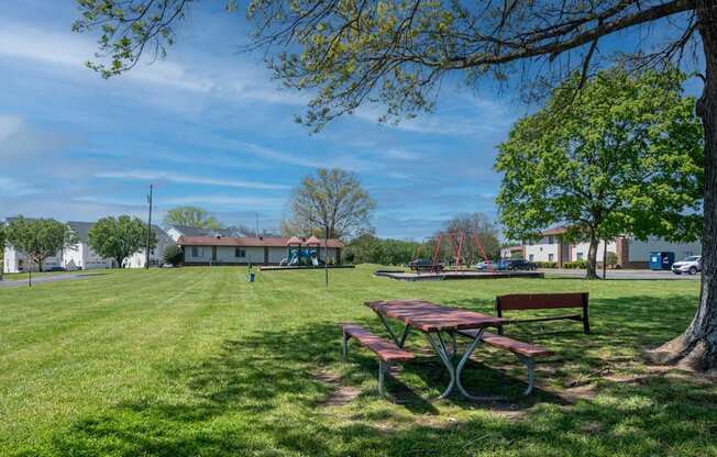 A picnic table sits in a grassy field with a tree to the right.
