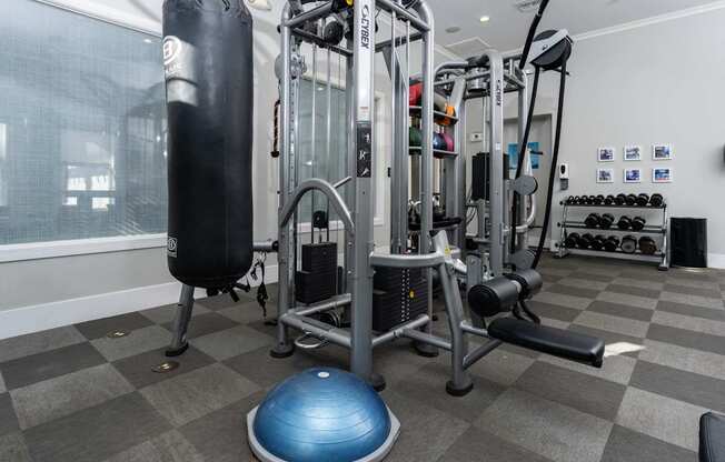 A gym with a punching bag, weights, and exercise equipment.