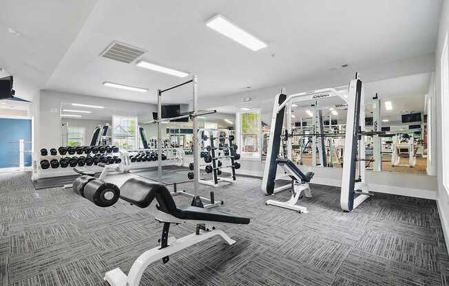 A gym with a variety of equipment including dumbbells, weight machines, and a bench press.