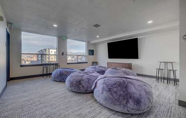 A room with grey carpet and purple bean bag chairs.