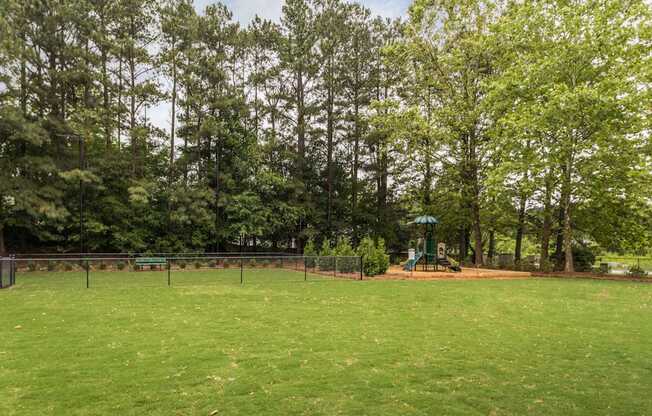 A grassy field with trees in the background and a playground.