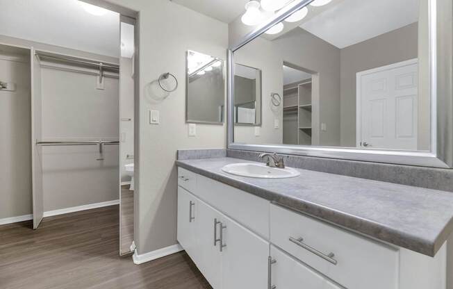 A bathroom with a sink, mirror, and a shower.