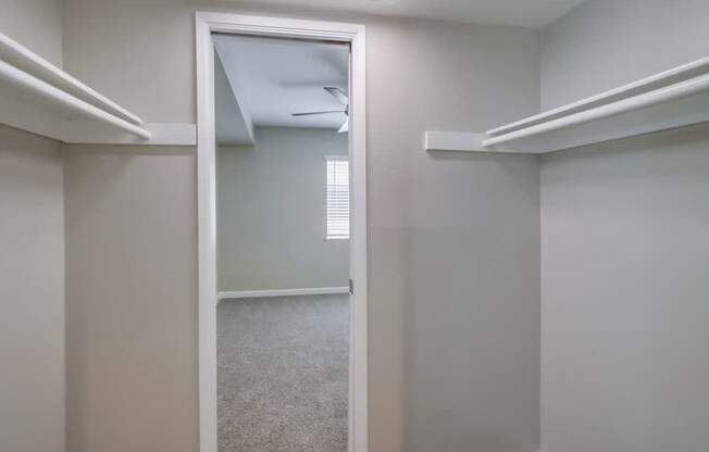 A white closet with a mirror and a fan.