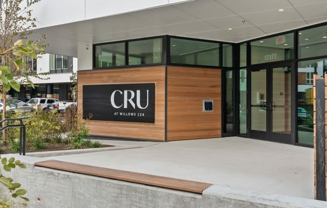 The front of a building with the letters CRU on it.