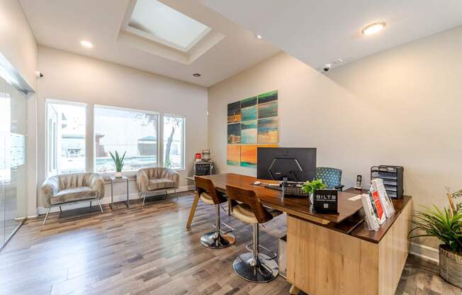 Leasing office at Sono Tempe Apartments in Tempe, Arizona featuring a welcoming resident lobby and modern design.