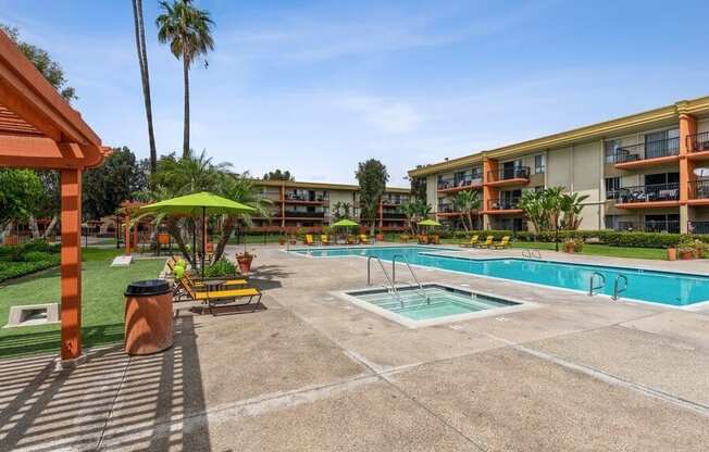 Poolside lounge chairs and cabanas