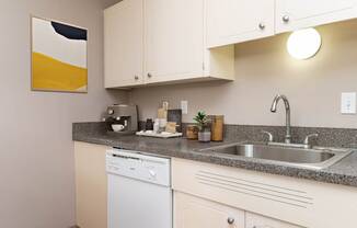 a kitchen with white cabinets and a sink