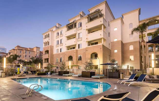 Pool View In Night at La Jolla Crossroads Apartments, San Diego