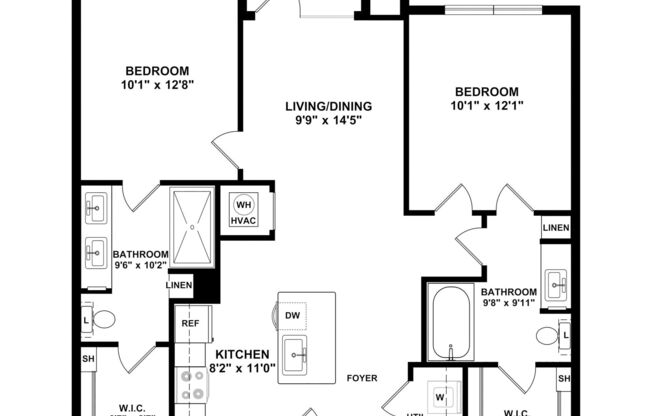 2 beds, 2 baths, 981 sqft, $1,525