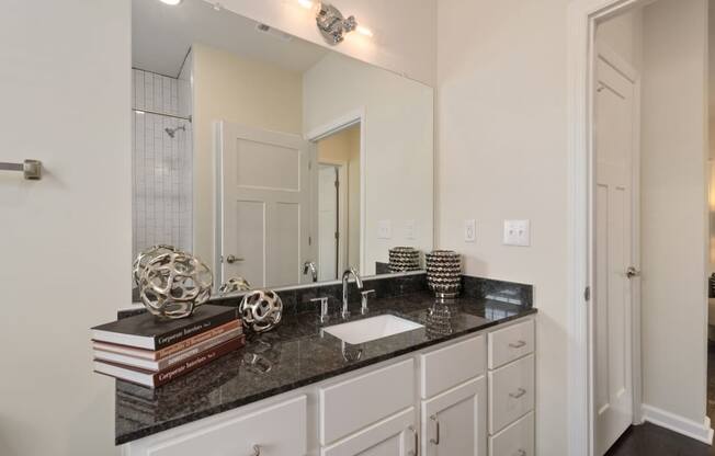 Ashland Farms Bathroom Vanity with Spacious Granite Counters, Large Mirror, and Modern Light Fixtures
