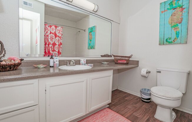 A bathroom with a white toilet and a large vanity with a mirror above it at Laurel Parc apartments in Shreveport, LA.