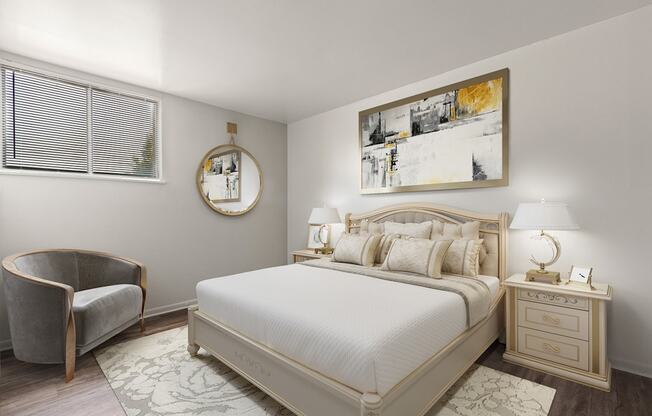 A bedroom with a large bed, a chair, and a painting on the wall.
