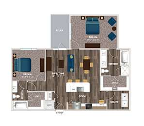 2 beds, 2 baths, 1,291 sqft, $1,649