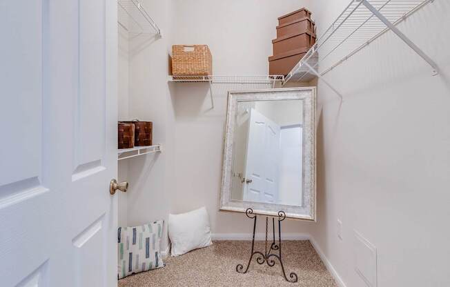 A white closet with a mirror and shelves.