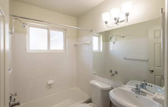 This is a photo of the bathroom in the 631 square foot, B-style (Ranch) 1 bedroom/1 bath floor plan at Colonial Ridge Apartments in the Pleasant Ridge neighborhood of Cincinnati, OH.