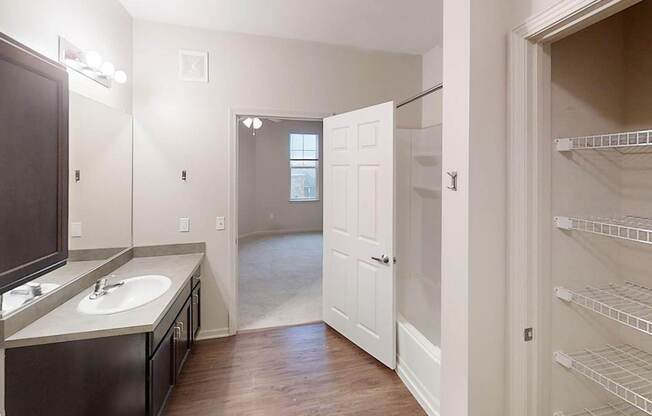 a bathroom with a sink and a mirror and a walk in closet