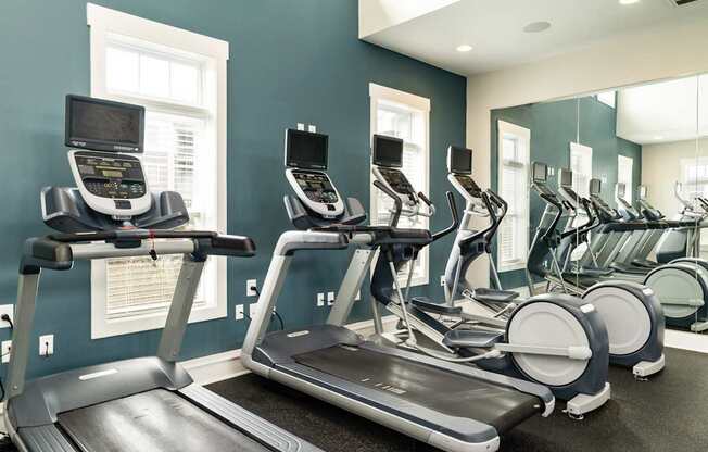 A row of treadmills in a gym.