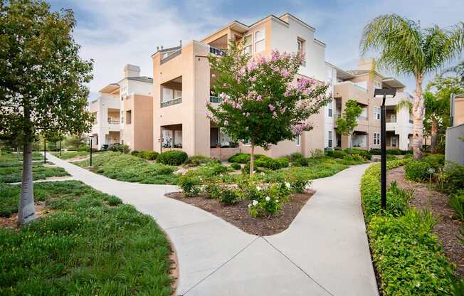 A pathway leads through a landscaped area in front of apartment buildings.