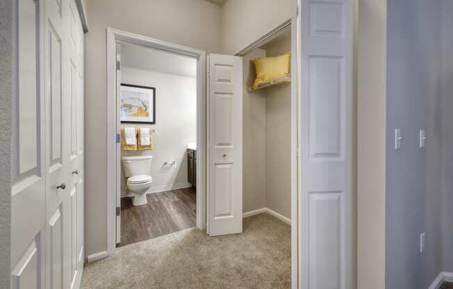 a bathroom with a toilet and a closet
