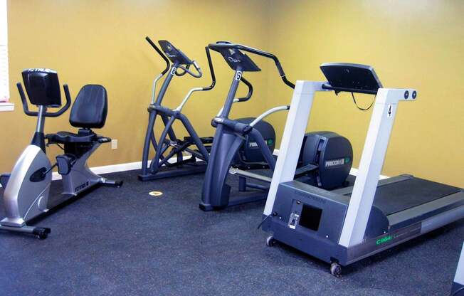 A gym with a treadmill, elliptical trainer and a recumbent bike.