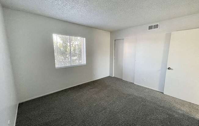 A room with a carpeted floor, a window with blinds, and a door.