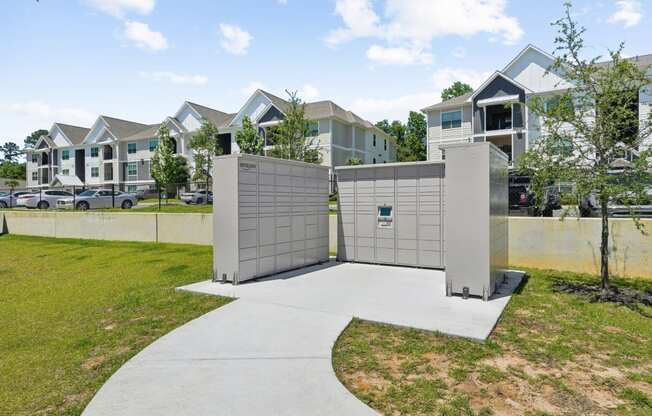 Amazon hub lockers by the apartment buildings for package receiving at Capital Grand Apartments in Tallahassee, FL