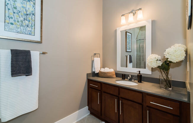 View of Bathroom, Showing Single Vanity, Toilet, and Décor at Alpha Mill Apartments