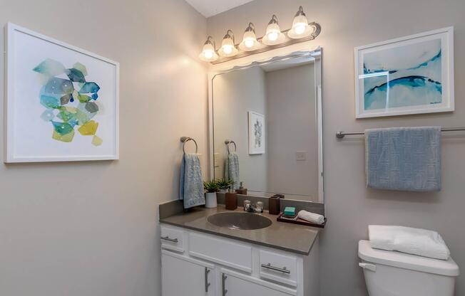 Bathroom vanity with a mirror and sink at Ashley Oaks Apartments in Greensboro, North Carolina