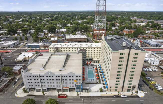 arial view of a large city with a crane in the background  at The Icon, Richmond, VA, 23230